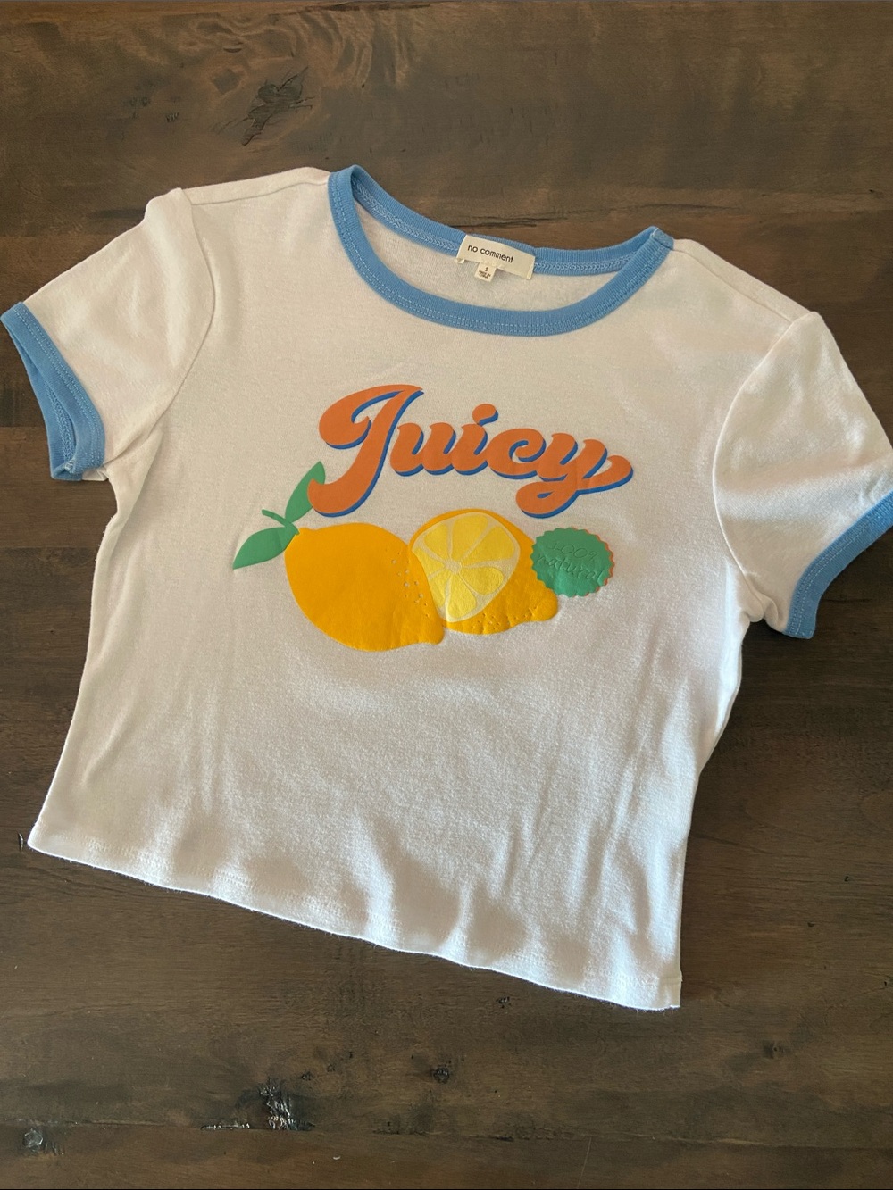 Juicy Graphic Ringer Tee - White with Light Blue Trim